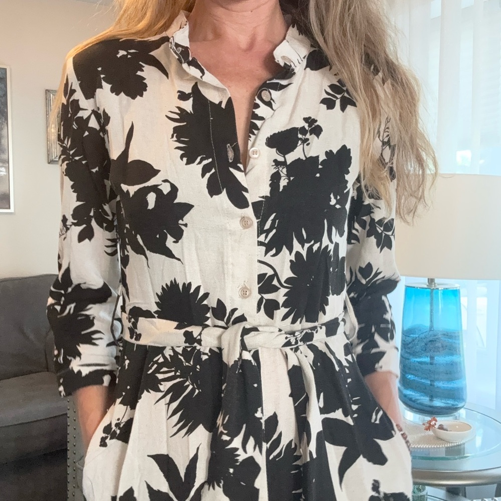 Floral Black and White Linen Dress - S